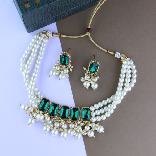Gold-Polished Traditional Green Stone Studded Multi Layered White Pearl Choker Necklace Jewellery Set with Earrings for Women And Girls - Wahe Jewels - Swadesiicart