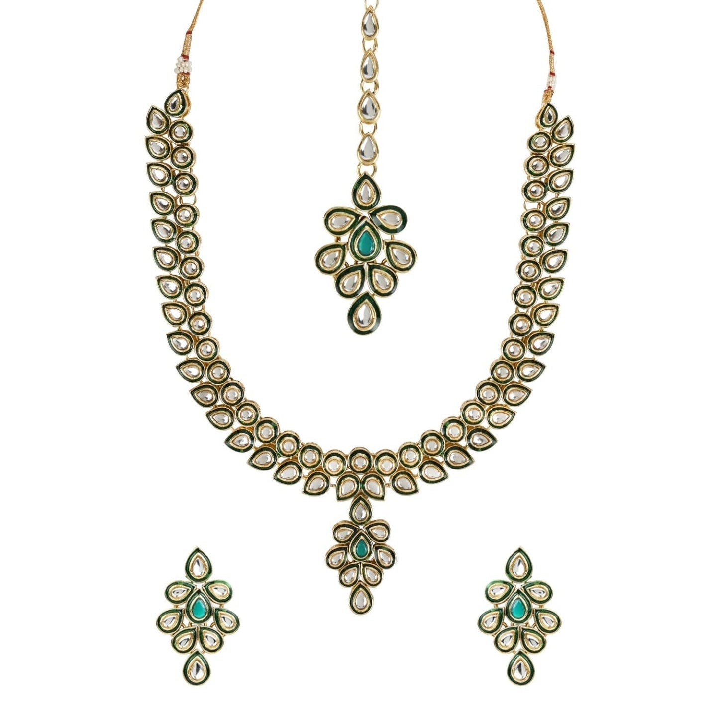 Gold-Polished Traditional Green Meenakari Handcrafted Kundan Necklace With Dangle Earrings & Maang Tikka Jewellery Set For Women/Girls - Wahe Jewels - Swadesiicart