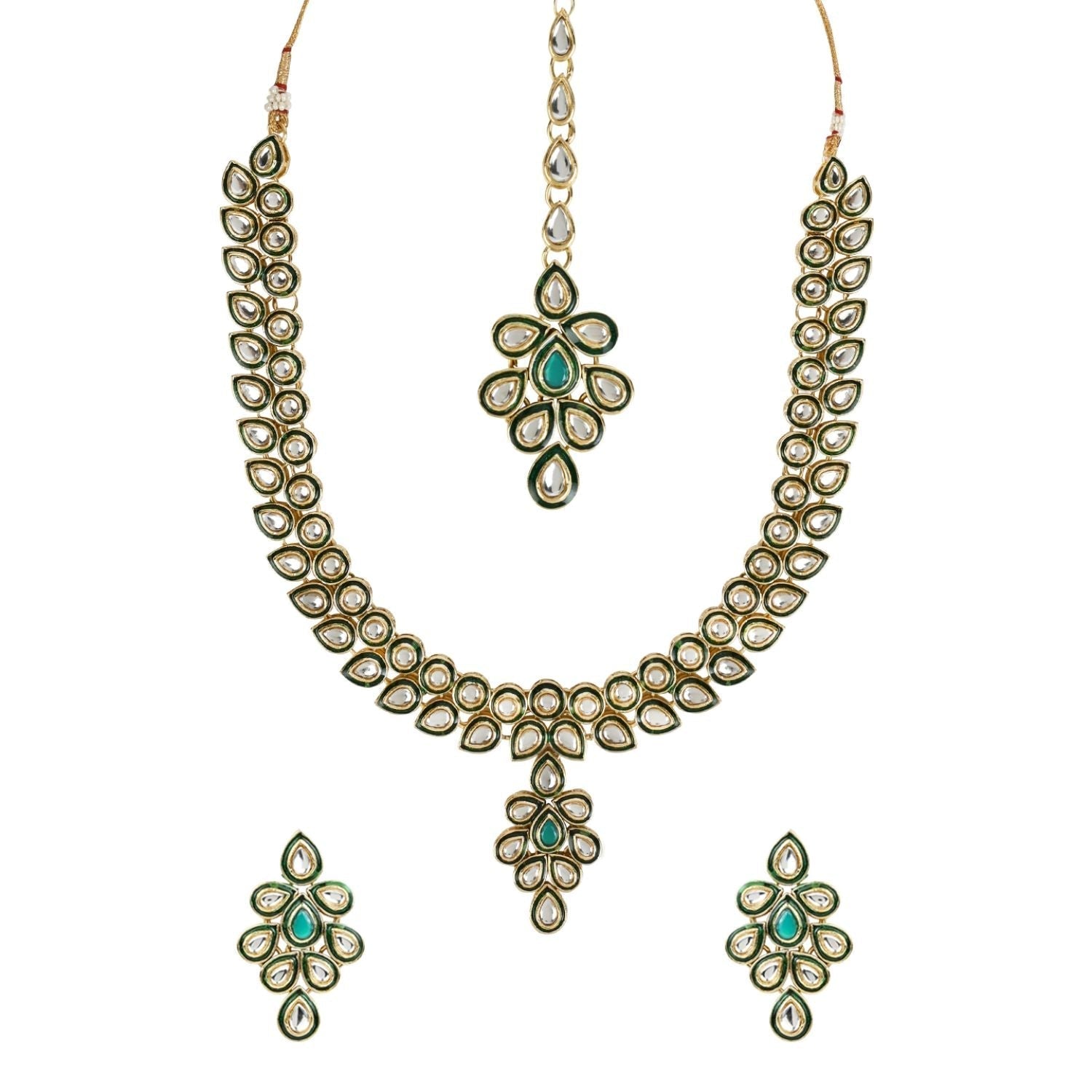 Gold-Polished Traditional Green Meenakari Handcrafted Kundan Necklace With Dangle Earrings & Maang Tikka Jewellery Set For Women/Girls - Wahe Jewels - Swadesiicart
