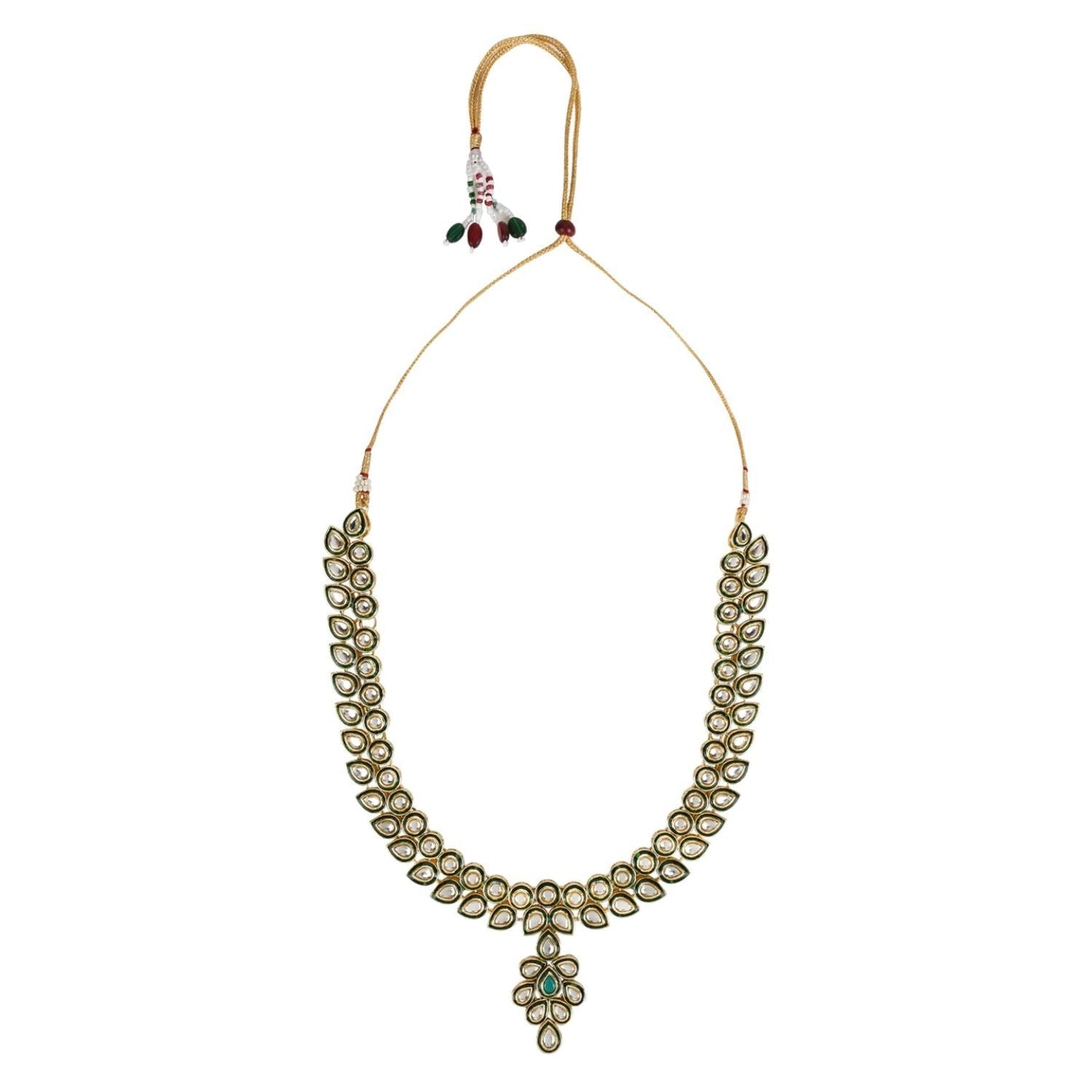 Gold-Polished Traditional Green Meenakari Handcrafted Kundan Necklace With Dangle Earrings & Maang Tikka Jewellery Set For Women/Girls - Wahe Jewels - Swadesiicart