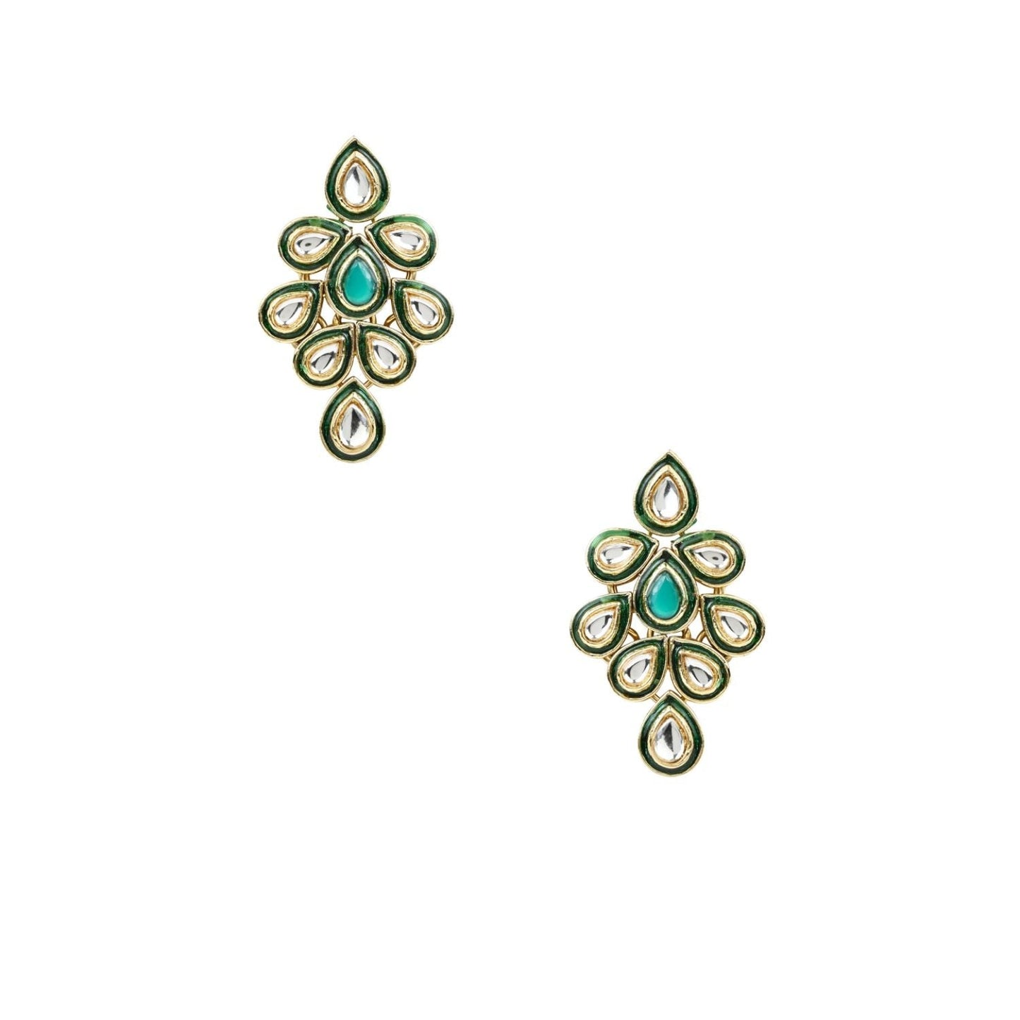 Gold-Polished Traditional Green Meenakari Handcrafted Kundan Necklace With Dangle Earrings & Maang Tikka Jewellery Set For Women/Girls - Wahe Jewels - Swadesiicart