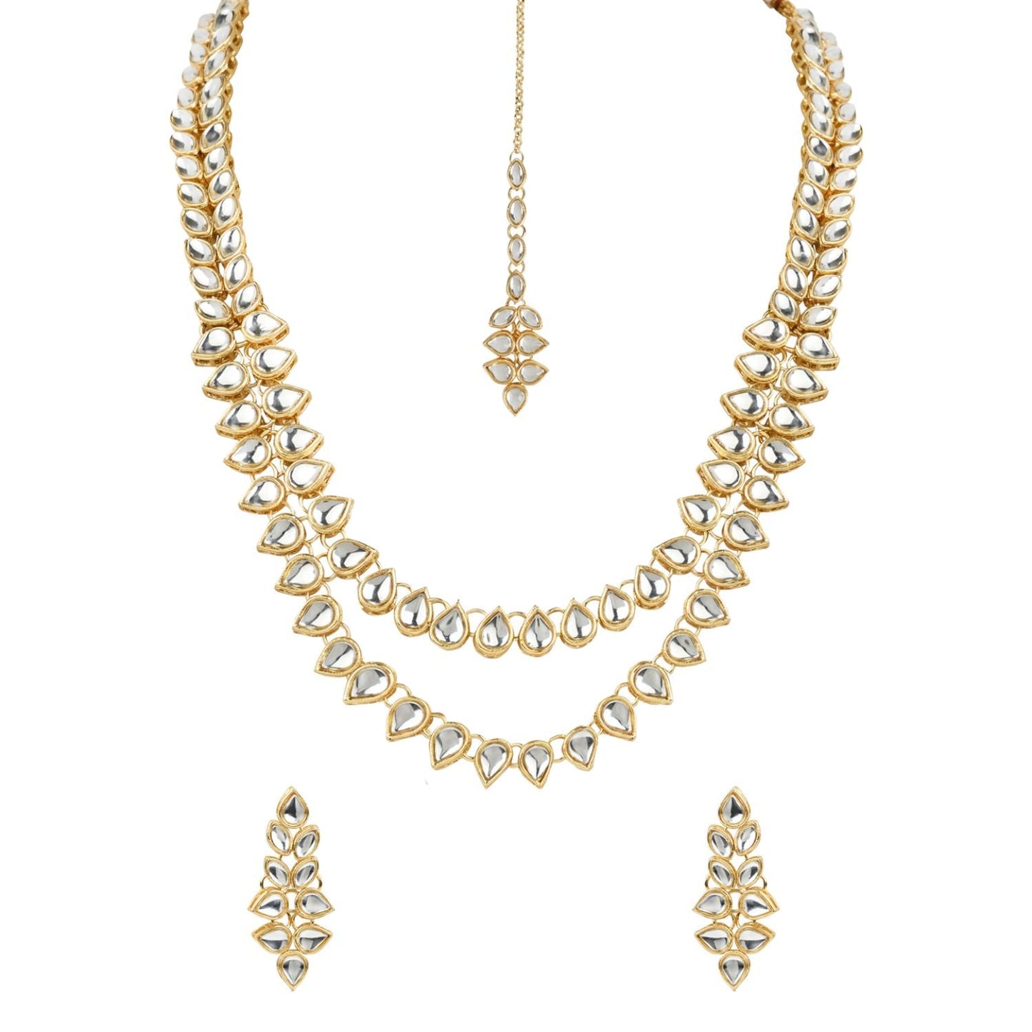 Gold-Polished Traditional Kundan Necklace Jewellery Set with Earrings & Maang Tikka for Women - Wahe Jewels - Swadesiicart