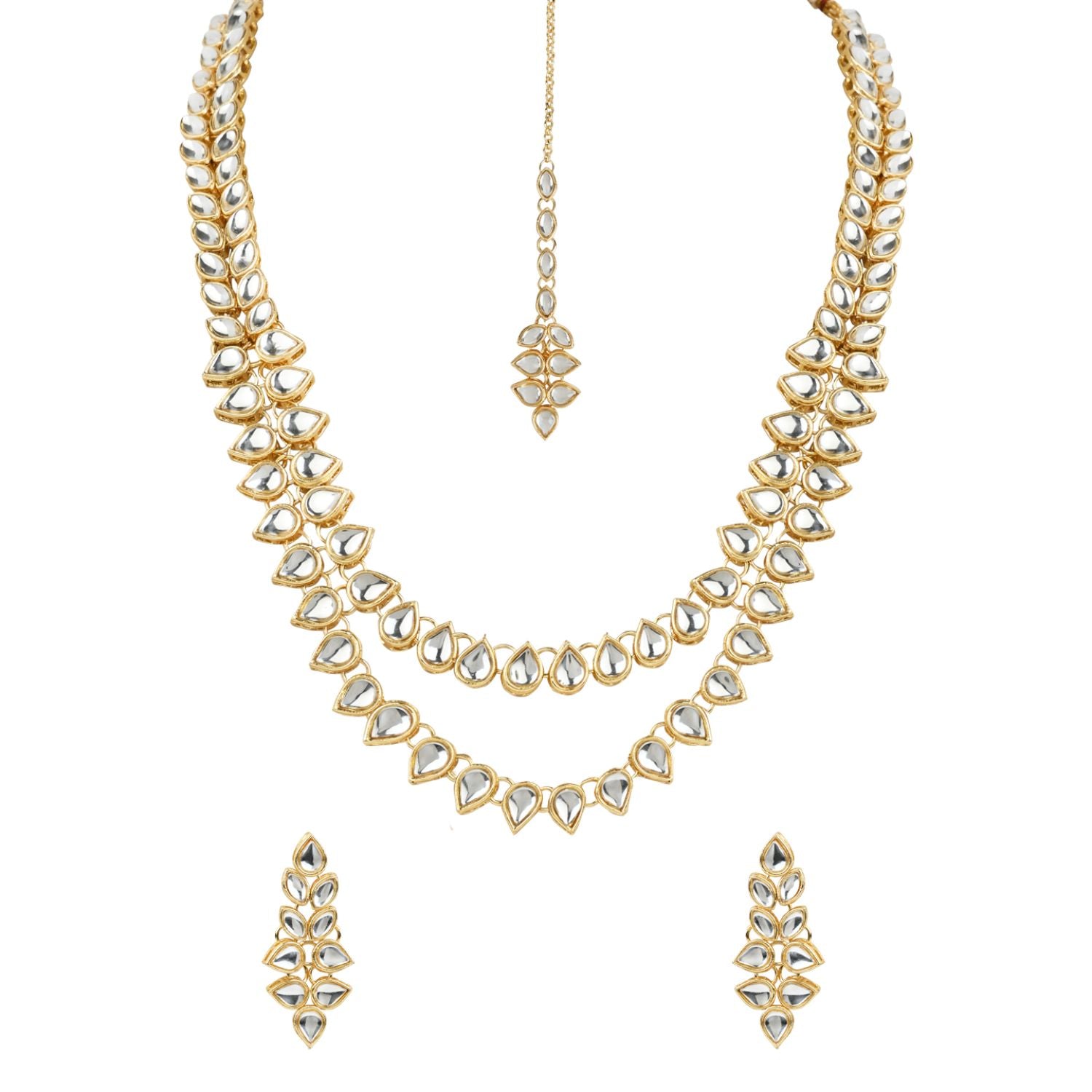 Gold-Polished Traditional Kundan Necklace Jewellery Set with Earrings & Maang Tikka for Women - Wahe Jewels - Swadesiicart