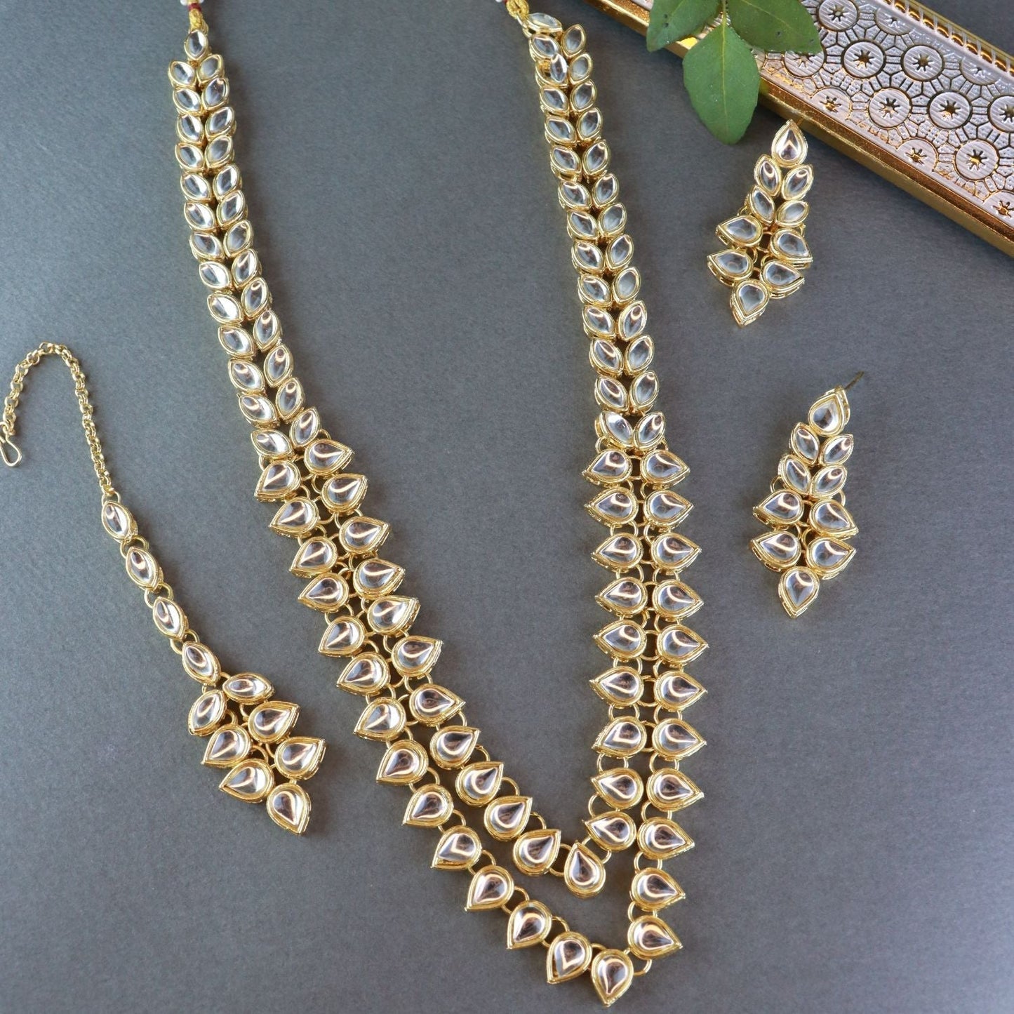 Gold-Polished Traditional Kundan Necklace Jewellery Set with Earrings & Maang Tikka for Women - Wahe Jewels - Swadesiicart