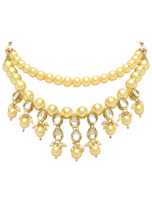 Gold-Polished Traditional Kundan & Pearls Choker Necklace Jewellery Set with Earrings for Women and Girls - Wahe Jewels - Swadesiicart