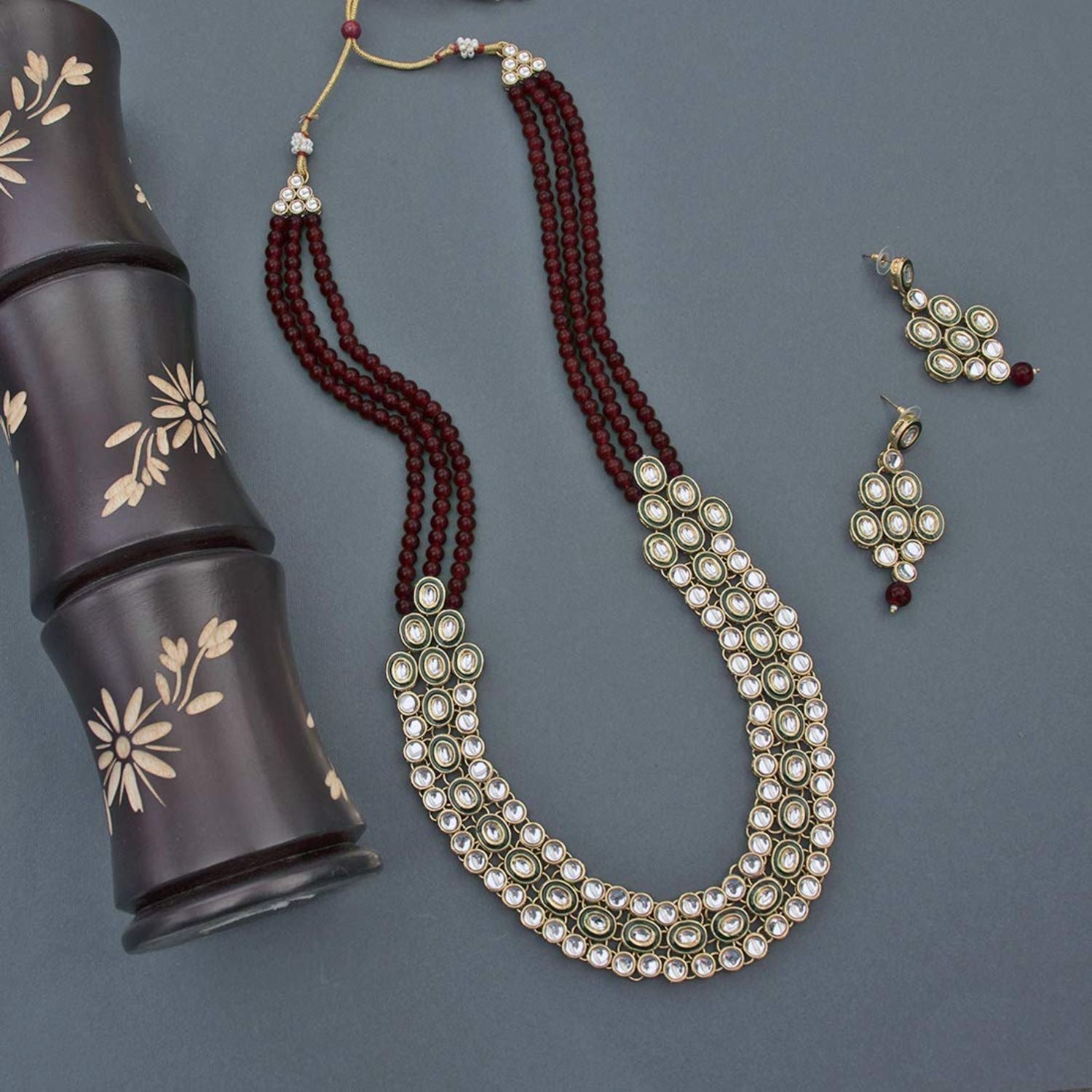 Gold-Polished Traditional Stunning Maroon Meenakari Kundan Studded Pearl Necklace Jewellery Set with Earrings For Women and Girls - Wahe Jewels - Swadesiicart