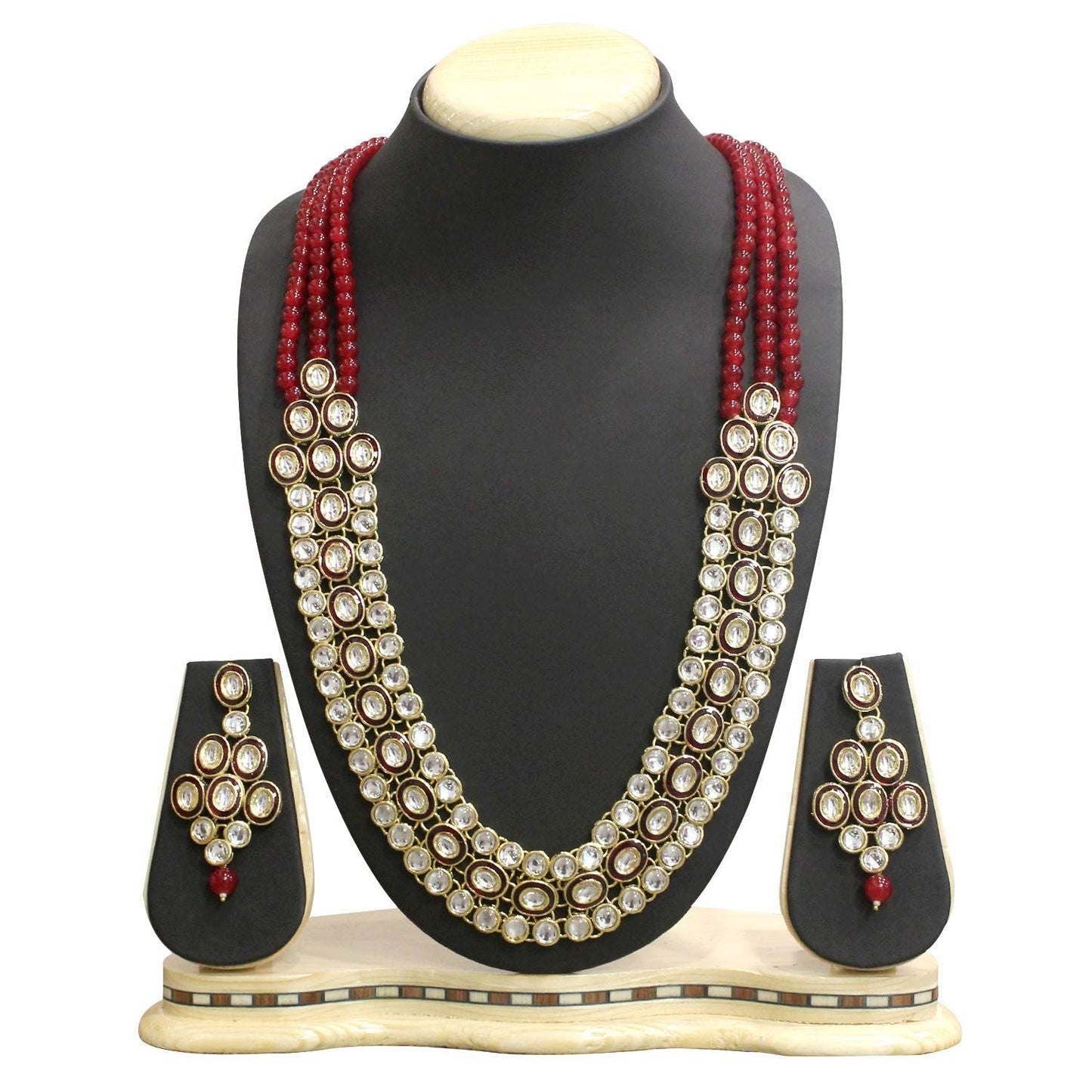 Gold-Polished Traditional Stunning Maroon Meenakari Kundan Studded Pearl Necklace Jewellery Set with Earrings For Women and Girls - Wahe Jewels - Swadesiicart