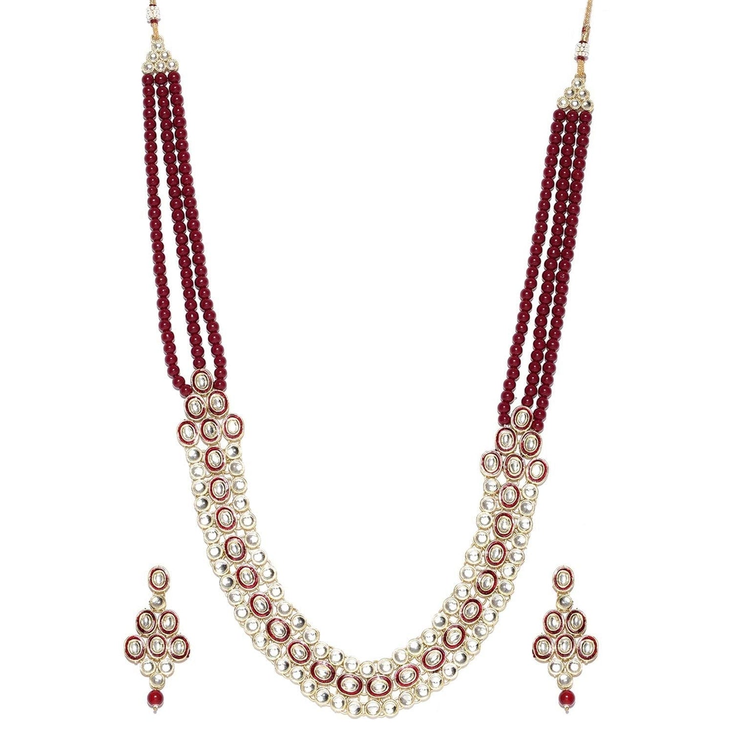 Gold-Polished Traditional Stunning Maroon Meenakari Kundan Studded Pearl Necklace Jewellery Set with Earrings For Women and Girls - Wahe Jewels - Swadesiicart
