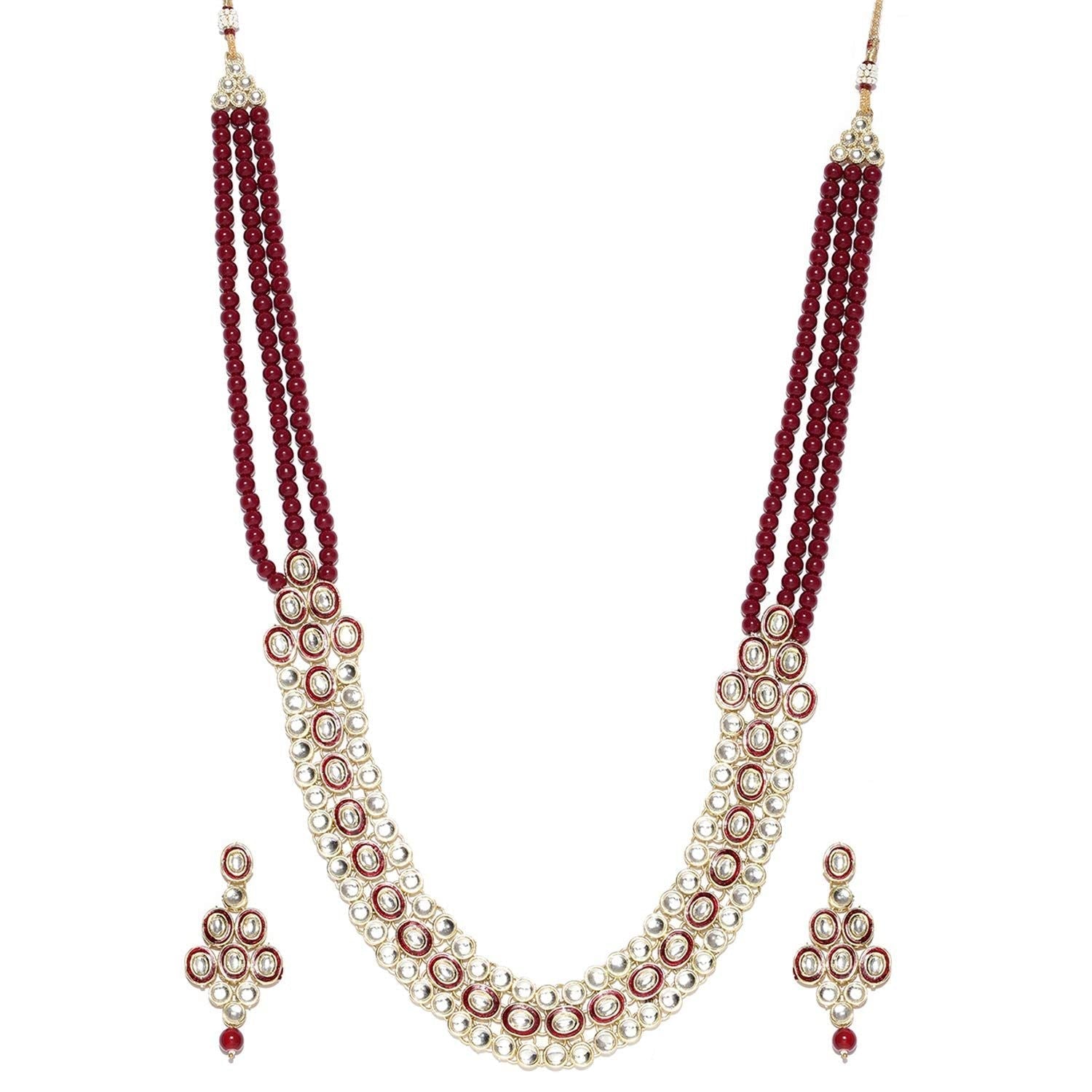 Gold-Polished Traditional Stunning Maroon Meenakari Kundan Studded Pearl Necklace Jewellery Set with Earrings For Women and Girls - Wahe Jewels - Swadesiicart