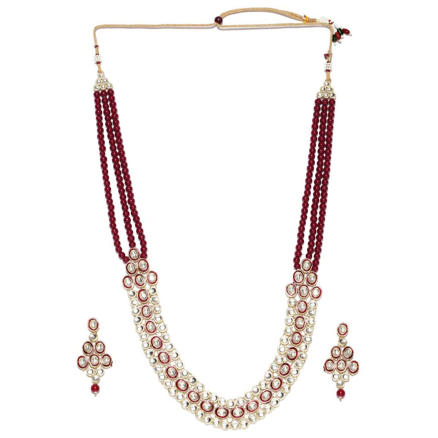 Gold-Polished Traditional Stunning Maroon Meenakari Kundan Studded Pearl Necklace Jewellery Set with Earrings For Women and Girls - Wahe Jewels - Swadesiicart