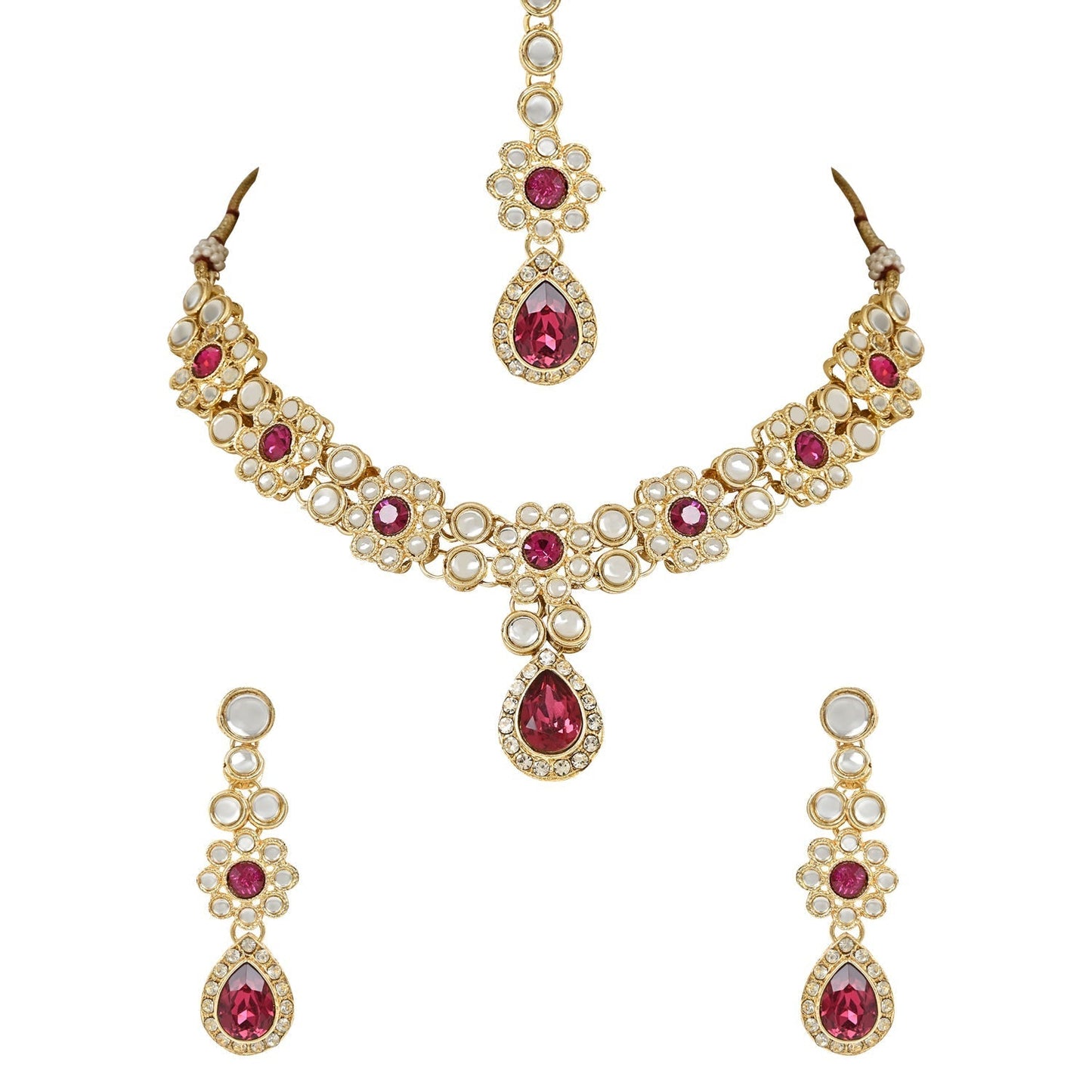 Gold-Polished Traditional Floral Design Kundan Stones Studed Necklace Jewellery Set with Earrings & Maang Tikka for Women And Girls - Wahe Jewels - Swadesiicart