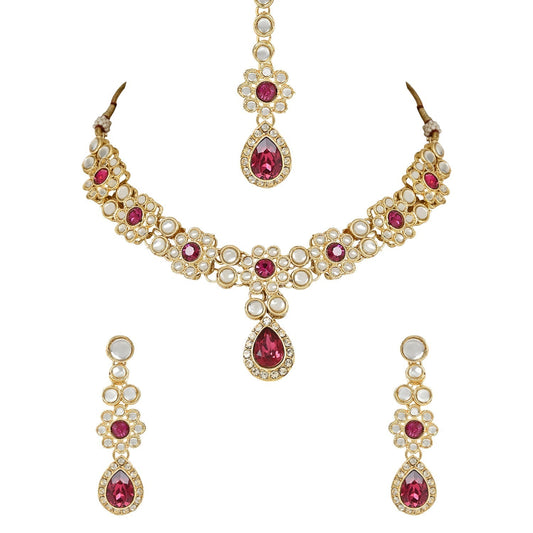 Gold-Polished Traditional Floral Design Kundan Stones Studed Necklace Jewellery Set with Earrings & Maang Tikka for Women And Girls - Wahe Jewels - Swadesiicart