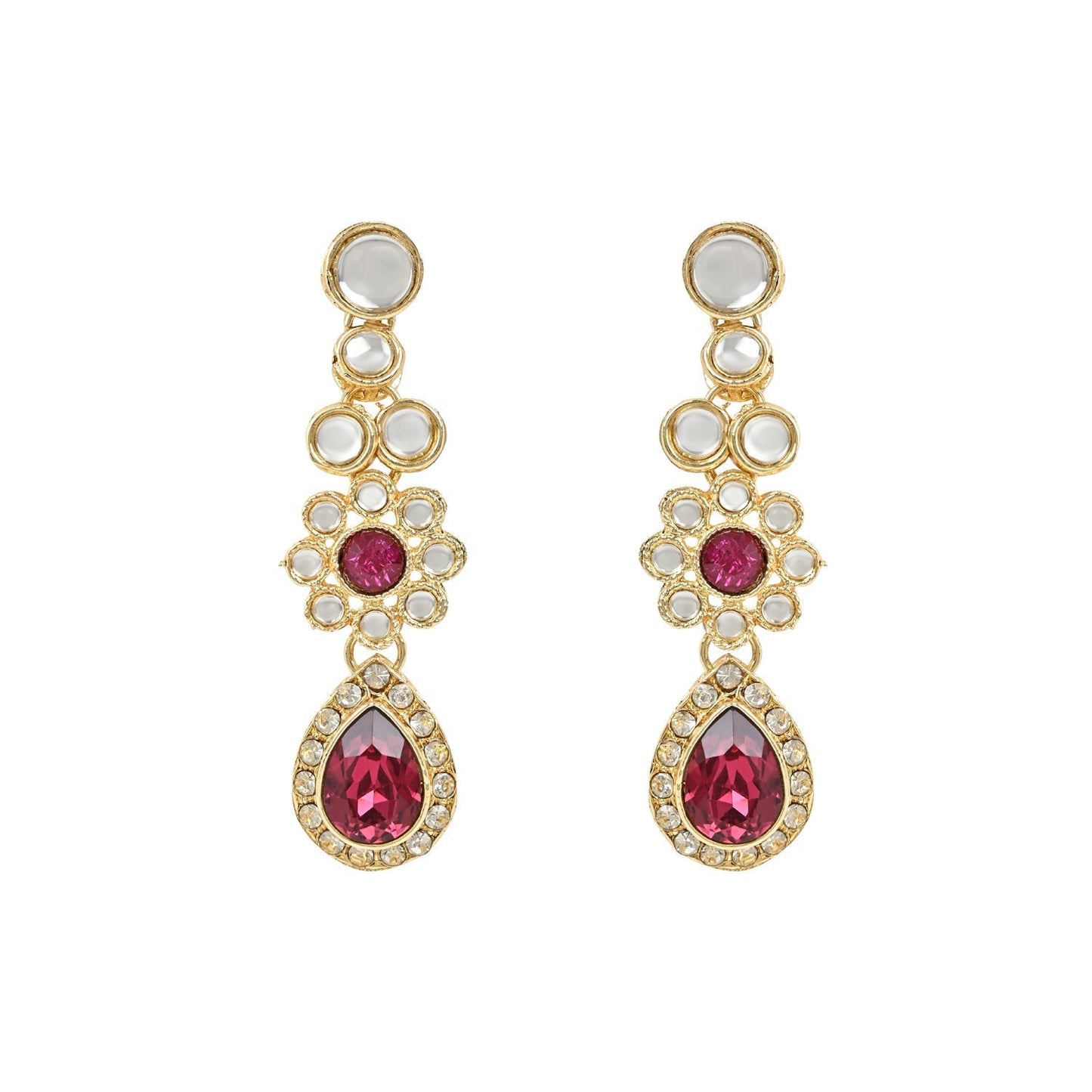 Gold-Polished Traditional Floral Design Kundan Stones Studed Necklace Jewellery Set with Earrings & Maang Tikka for Women And Girls - Wahe Jewels - Swadesiicart