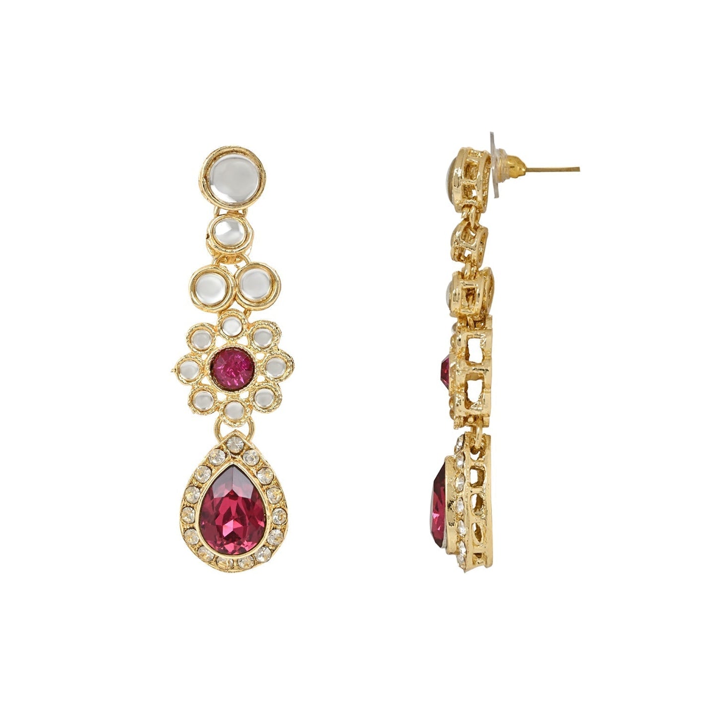 Gold-Polished Traditional Floral Design Kundan Stones Studed Necklace Jewellery Set with Earrings & Maang Tikka for Women And Girls - Wahe Jewels - Swadesiicart