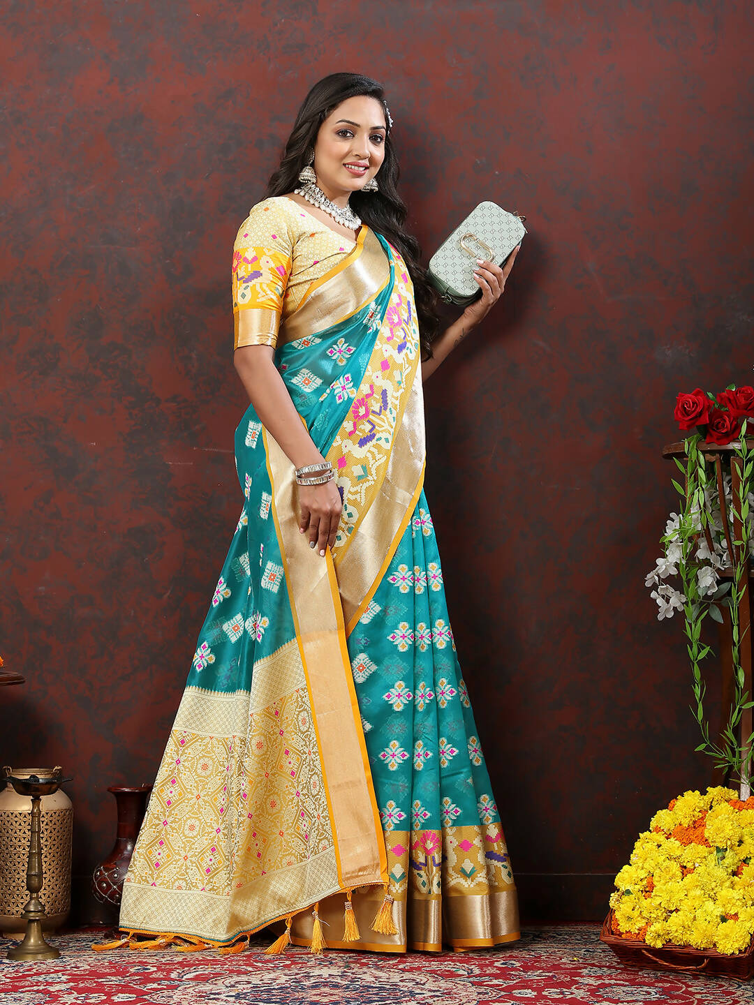 Lorenvalley Fashion Teal Organza Silk Woven Design with Meenakari Weaving Saree - Swadesiicart
