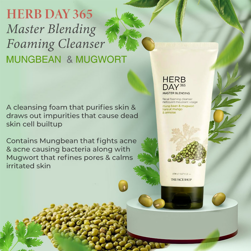 The Face Shop Herb Day 365 Master Blending Foaming Cleanser- Mungbean & Mugwort - Korean Skincare | Swadesiicart