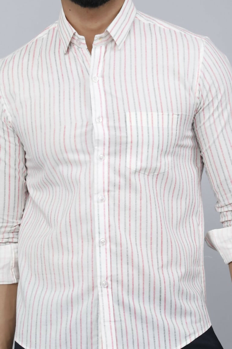 Miravan Men's White Spread Collar Striped Print Casual Shirt | Swadesiicart