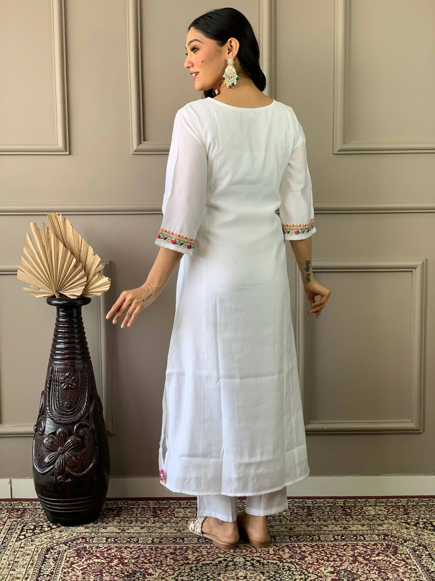 Partywear Designer Chanderi With Cotton Lining White Stitched Suit With Dupatta - Tanisha | Swadesiicart
