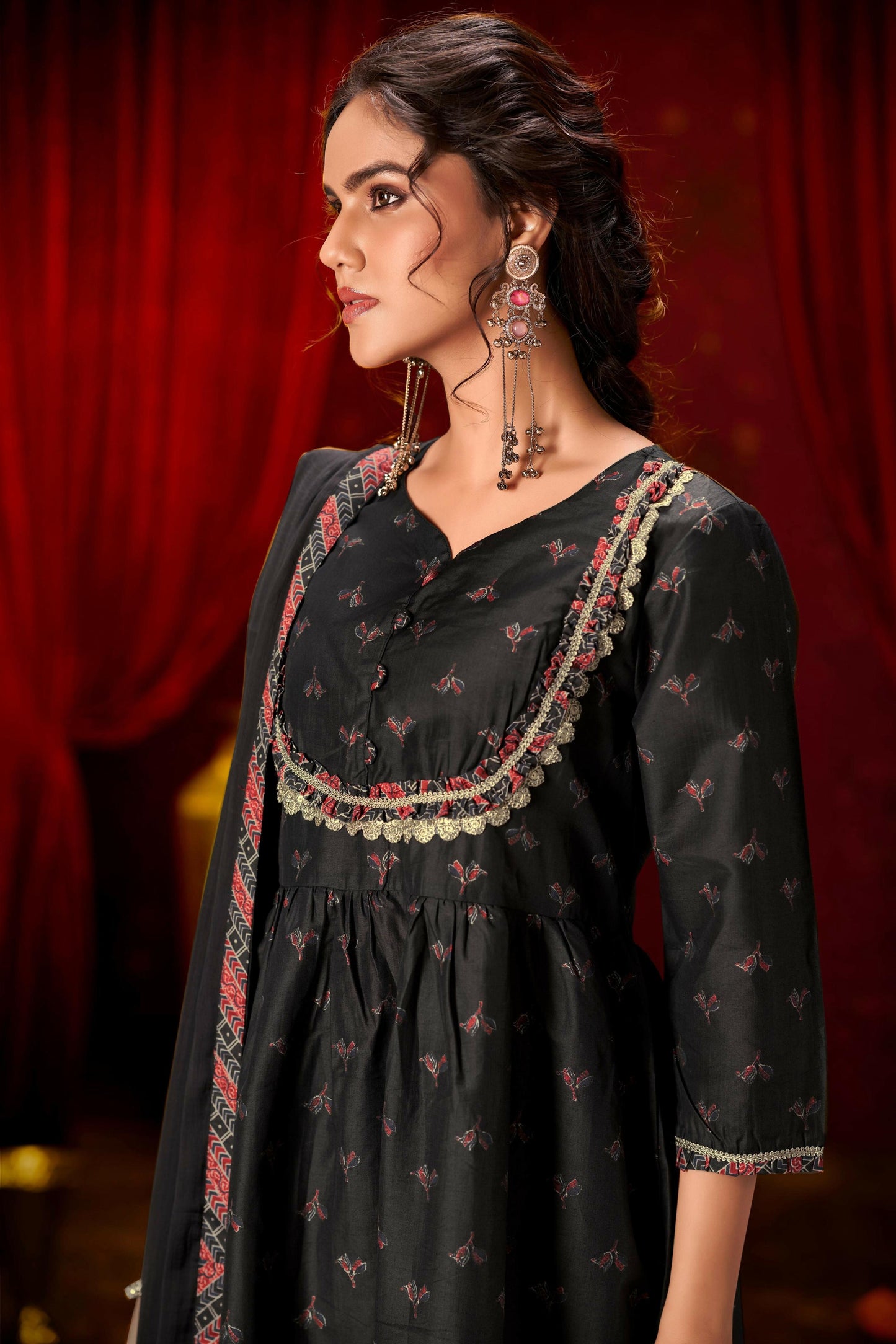 BulBul Black Ajrakh Print Chanderi Silk Kurta Set with Dupatta - Swadesiicart