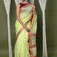 Very Much Indian Handloom Cotton Silk Maheshwari Saree With Sleek Golden Border - Chartreuse Green | Swadesiicart