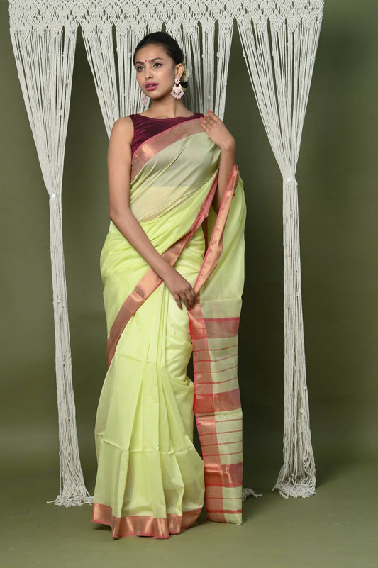 Very Much Indian Handloom Cotton Silk Maheshwari Saree With Sleek Golden Border - Chartreuse Green | Swadesiicart