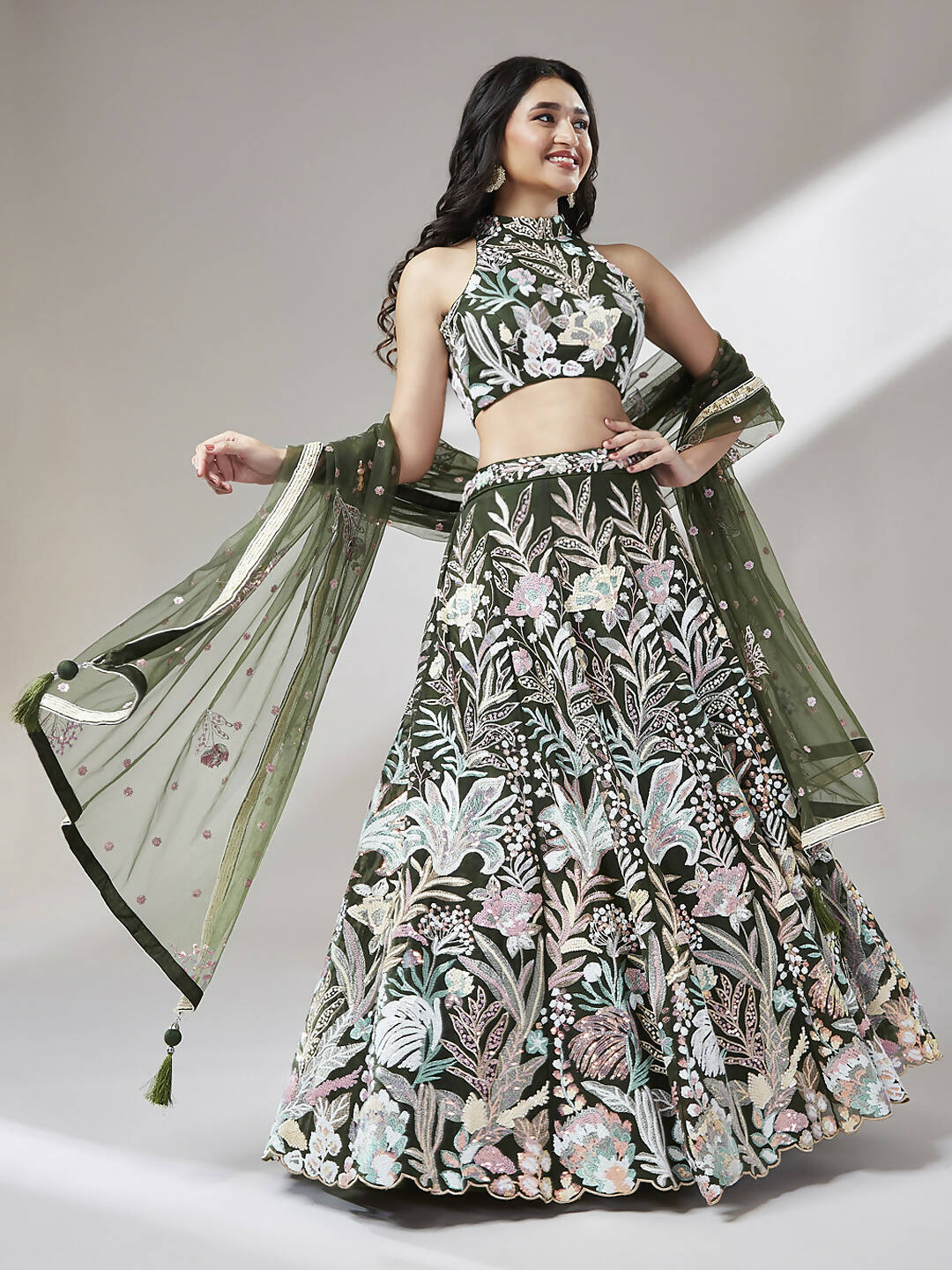 House of Panchhi Olive Net Sequinse Work Lehenga & Blouse with Dupatta | Swadesiicart