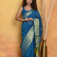 Very Much Indian Handloom Pure Cotton Linen Saree With Golden Border - Serene Blue | Swadesiicart
