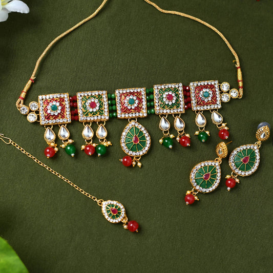 Mominos Fashion Johar Kamal Gold-Polished Brass Finish Meena & Pearls Work Choker For Women | Swadesiicart