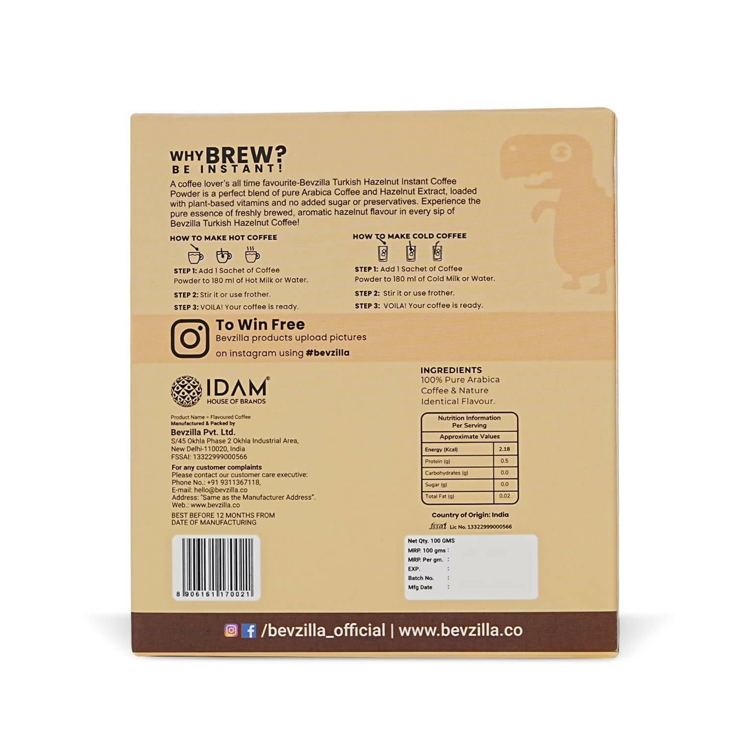 Bevzilla Instant Coffee Powder Sachets (Hazelnut) | Swadesiicart