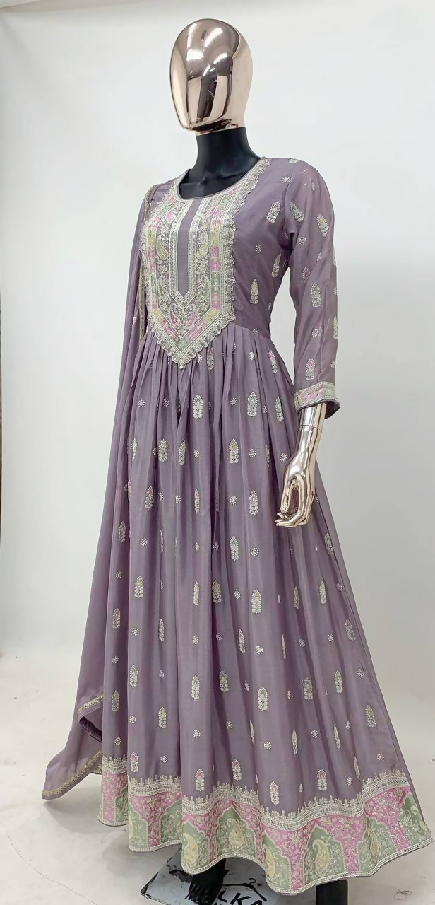 Lorenvalley Fashion Lavender Chinon Embroidery With Sequince Work Gown Stitched | Swadesiicart