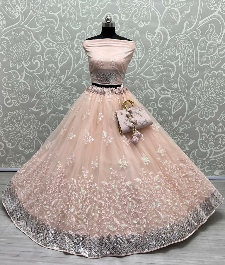 Jyoti Fashion Women's Peach Bridal Net Fancy Sequins with Multi Thread Embroidered Wedding Lehenga Choli | Swadesiicart