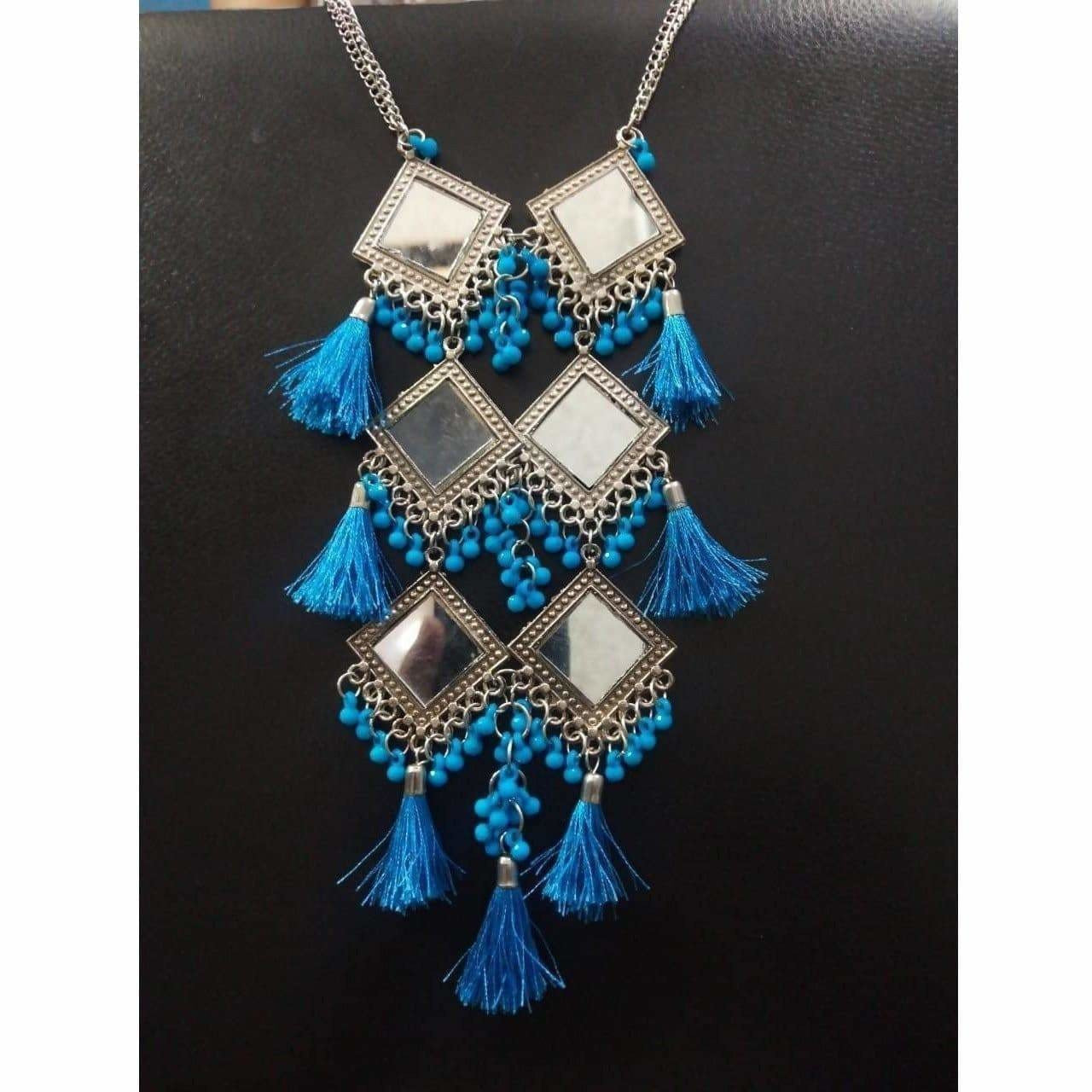 MS Fashion India Long Hanging Party wear Triple Mirror Design Blue Color Pearls And Silk Threads Earrings | Swadesiicart