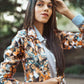Jompers Women Mustard Yellow & Grey Satin Finish Printed Single-Breasted Blazer | Swadesiicart