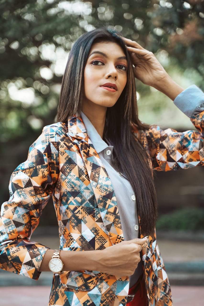 Jompers Women Mustard Yellow & Grey Satin Finish Printed Single-Breasted Blazer | Swadesiicart