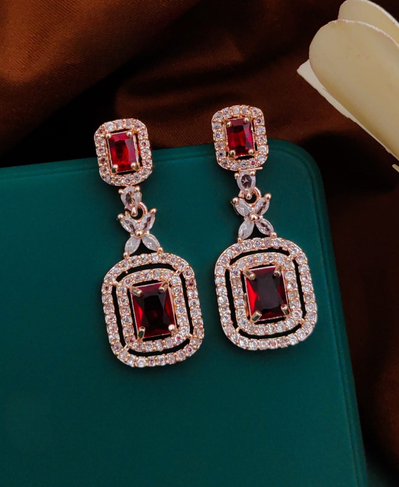 Red American Diamond Party Earrings By House of Ree | Swadesiicart