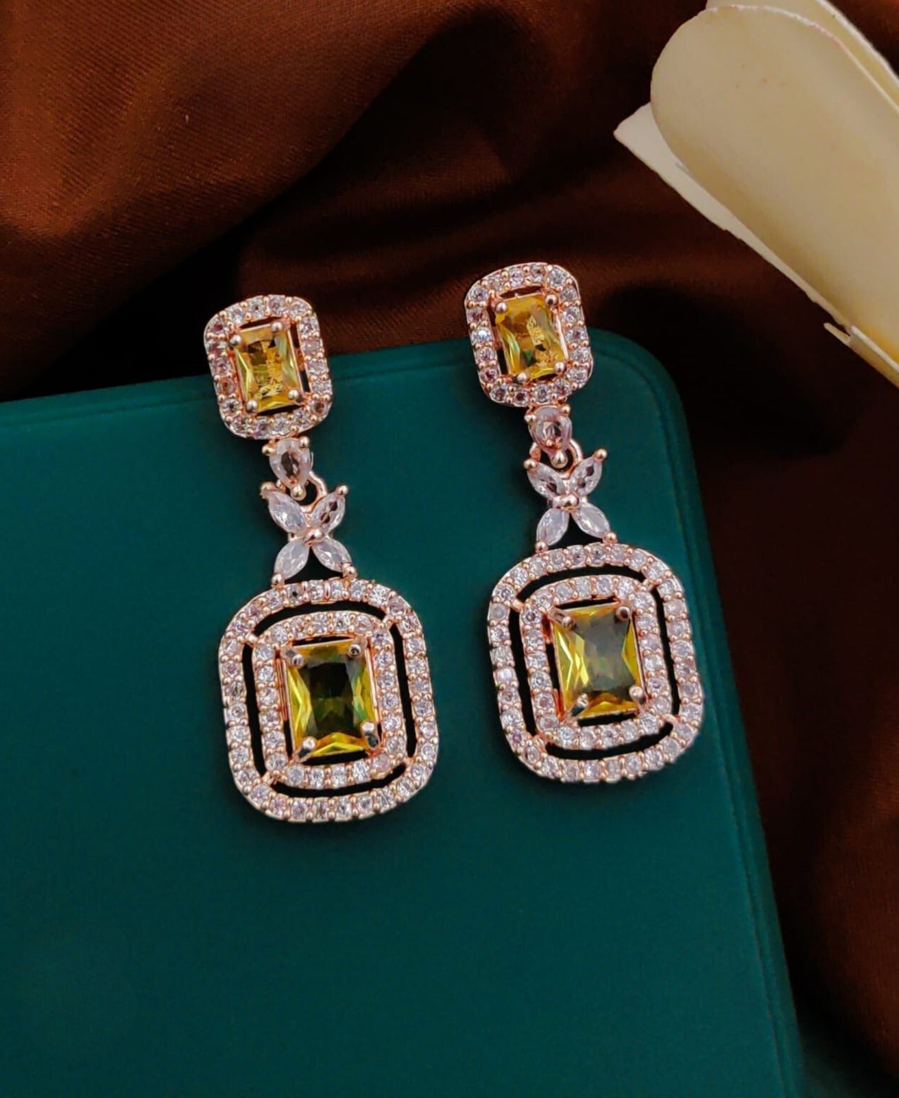 Yellow American Diamond Party Earrings By House of Ree | Swadesiicart
