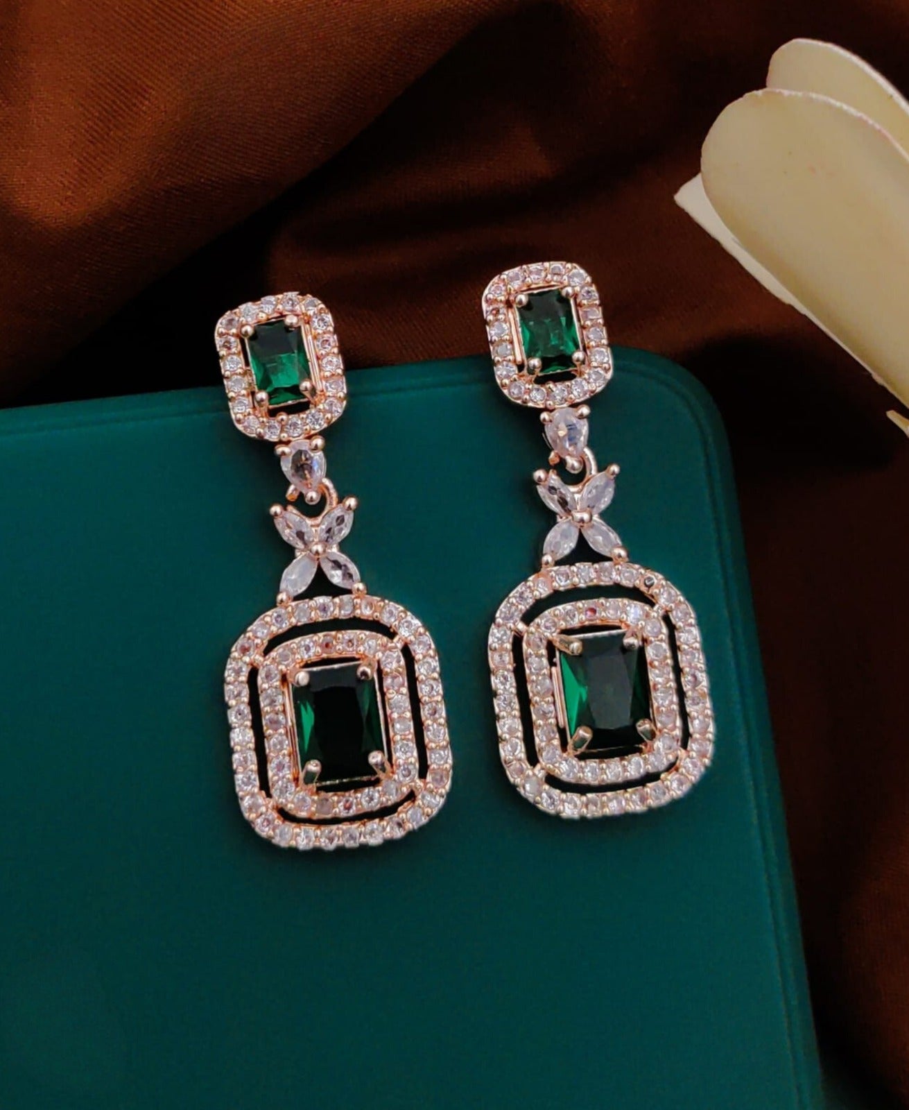 Green American Diamond Party Earrings By House of Ree | Swadesiicart