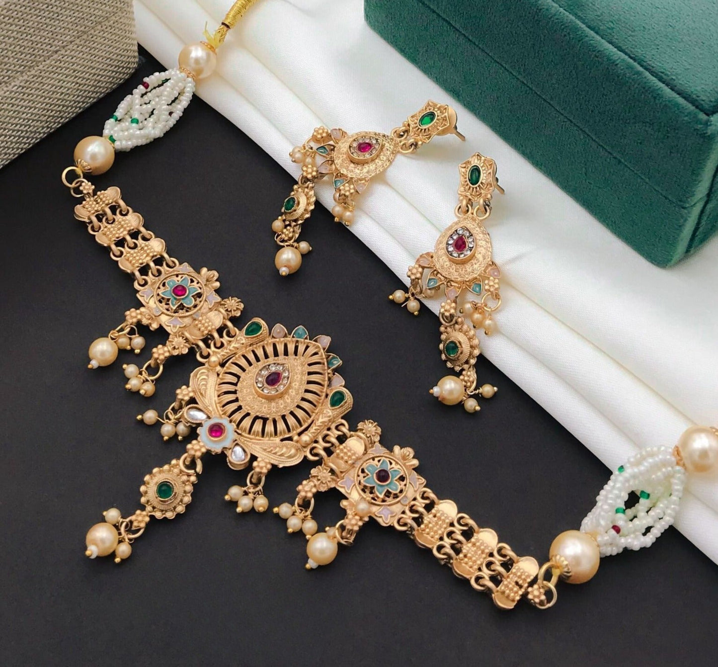 Gold-Polished Pearl Embellished Designer Multi Pearl String Choker Set By House of Ree | Swadesiicart