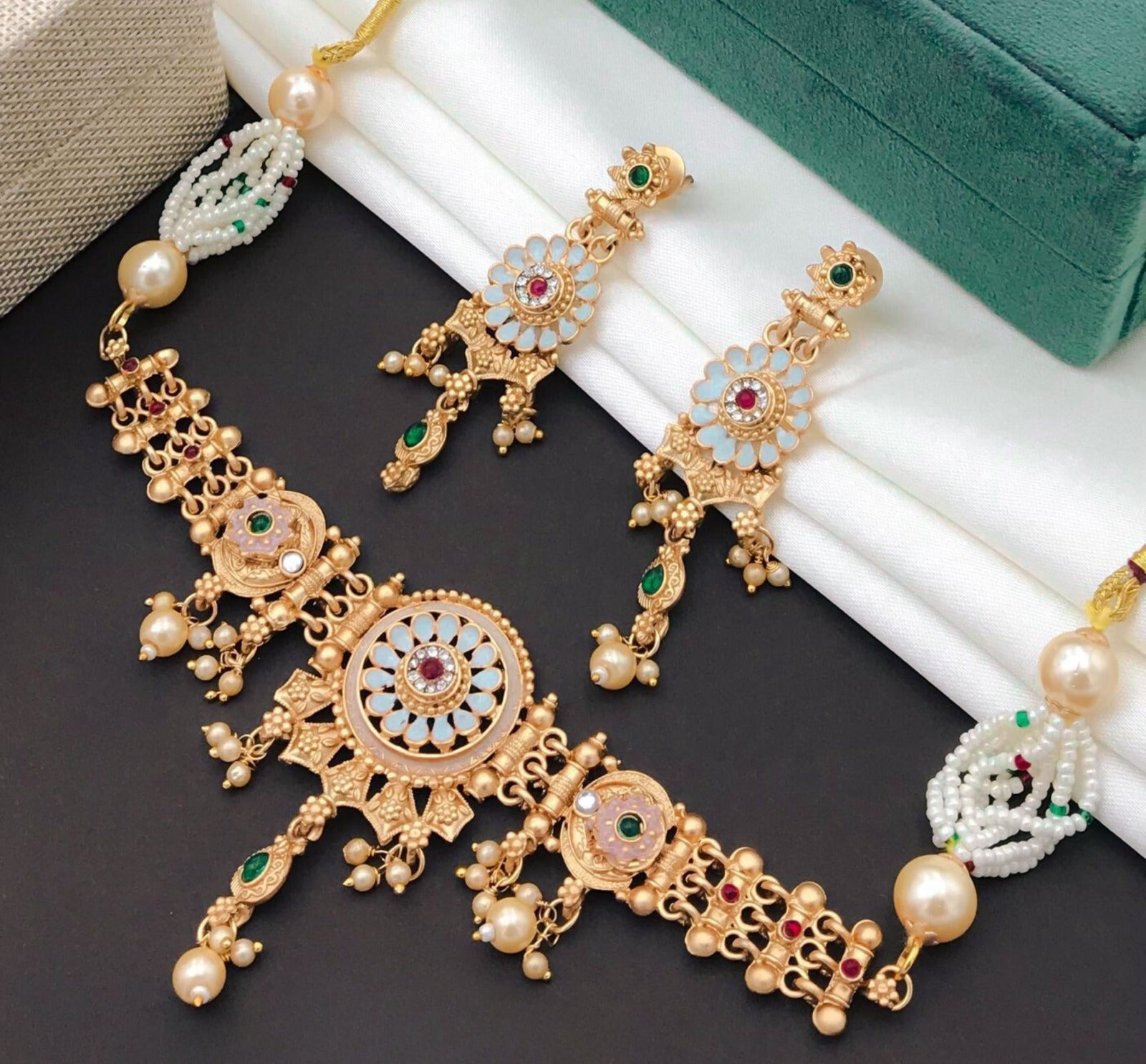Gold-Polished Pearl Embellished Designer Multi Pearl String Choker Set By House of Ree | Swadesiicart