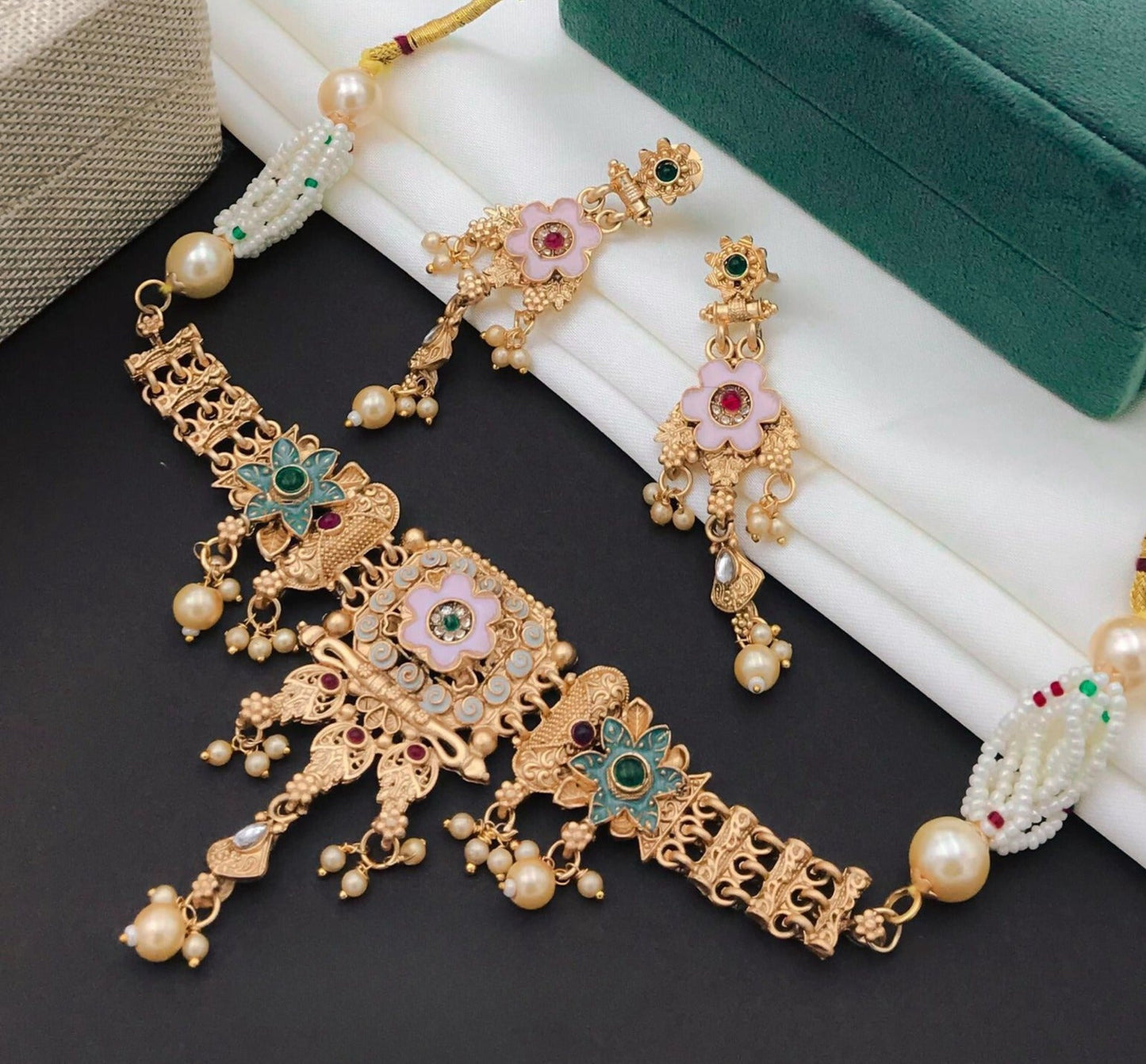Gold-Polished Pearl Embellished Designer Multi Pearl String Choker Set By House of Ree | Swadesiicart