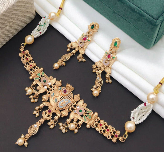 Gold-Polished Pearl Embellished Designer Multi Pearl String Choker Set By House of Ree | Swadesiicart