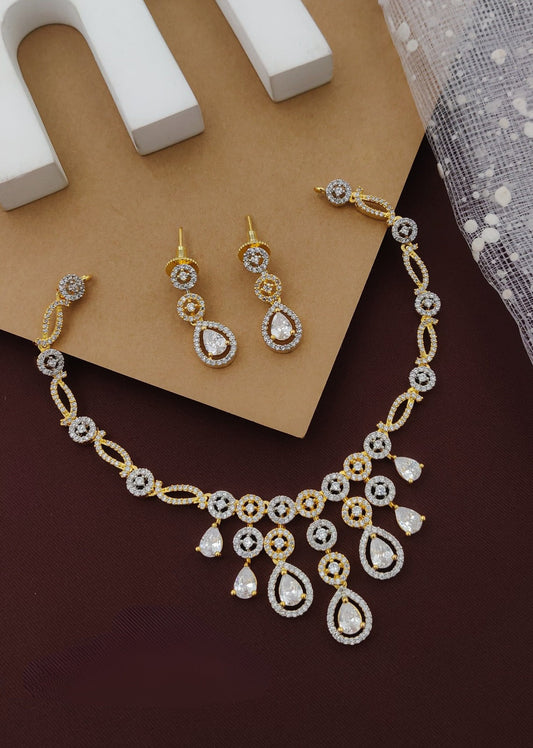 Golden Partywear American Diamond Gold-Polished Necklace Set By House of Ree - Swadesiicart