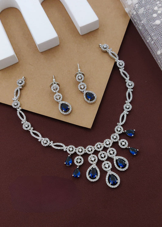 Royal Blue Partywear American Diamond Rhodium Plated Necklace Set By House of Ree - Swadesiicart