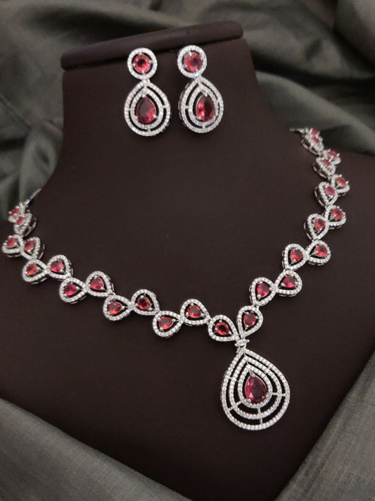 Red Partywear American Diamond Necklace Set By House of Ree - Swadesiicart