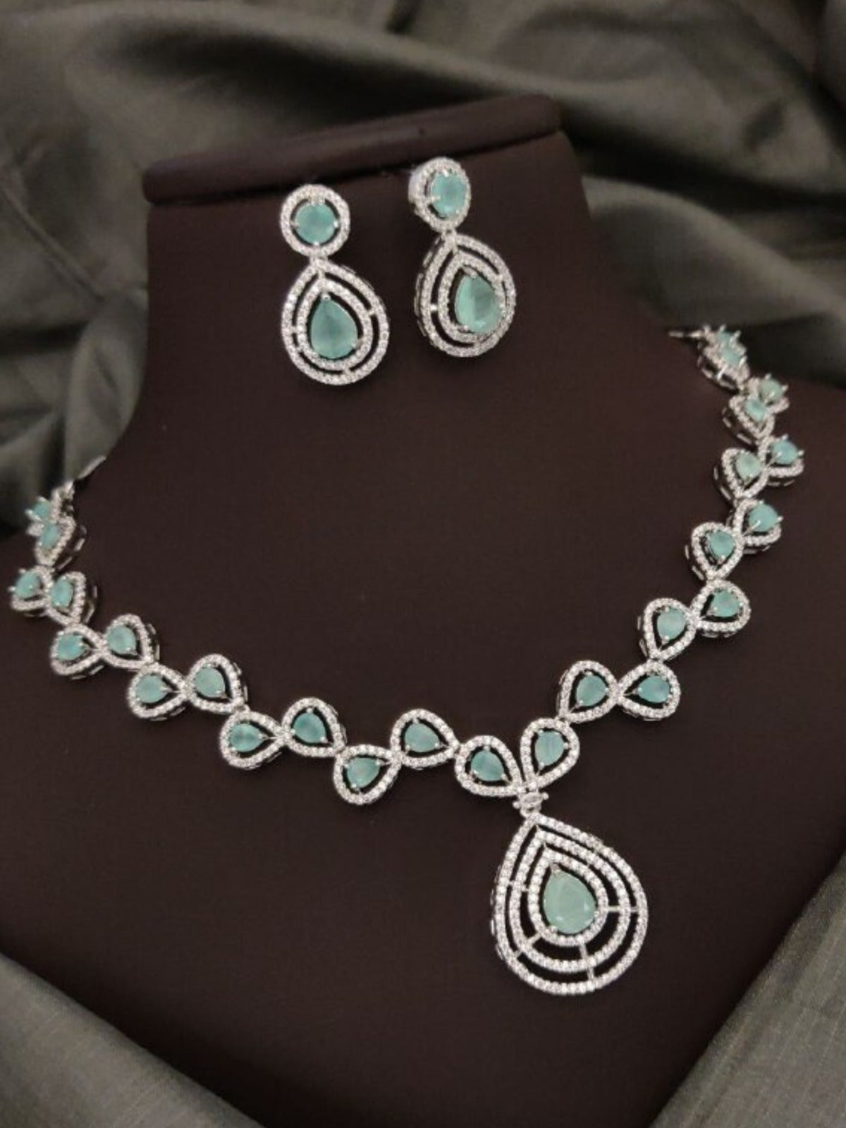 Mint Green Partywear American Diamond Necklace Set By House of Ree - Swadesiicart
