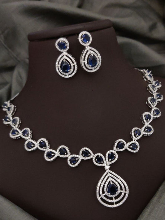 Blue Partywear American Diamond Necklace Set By House of Ree - Swadesiicart