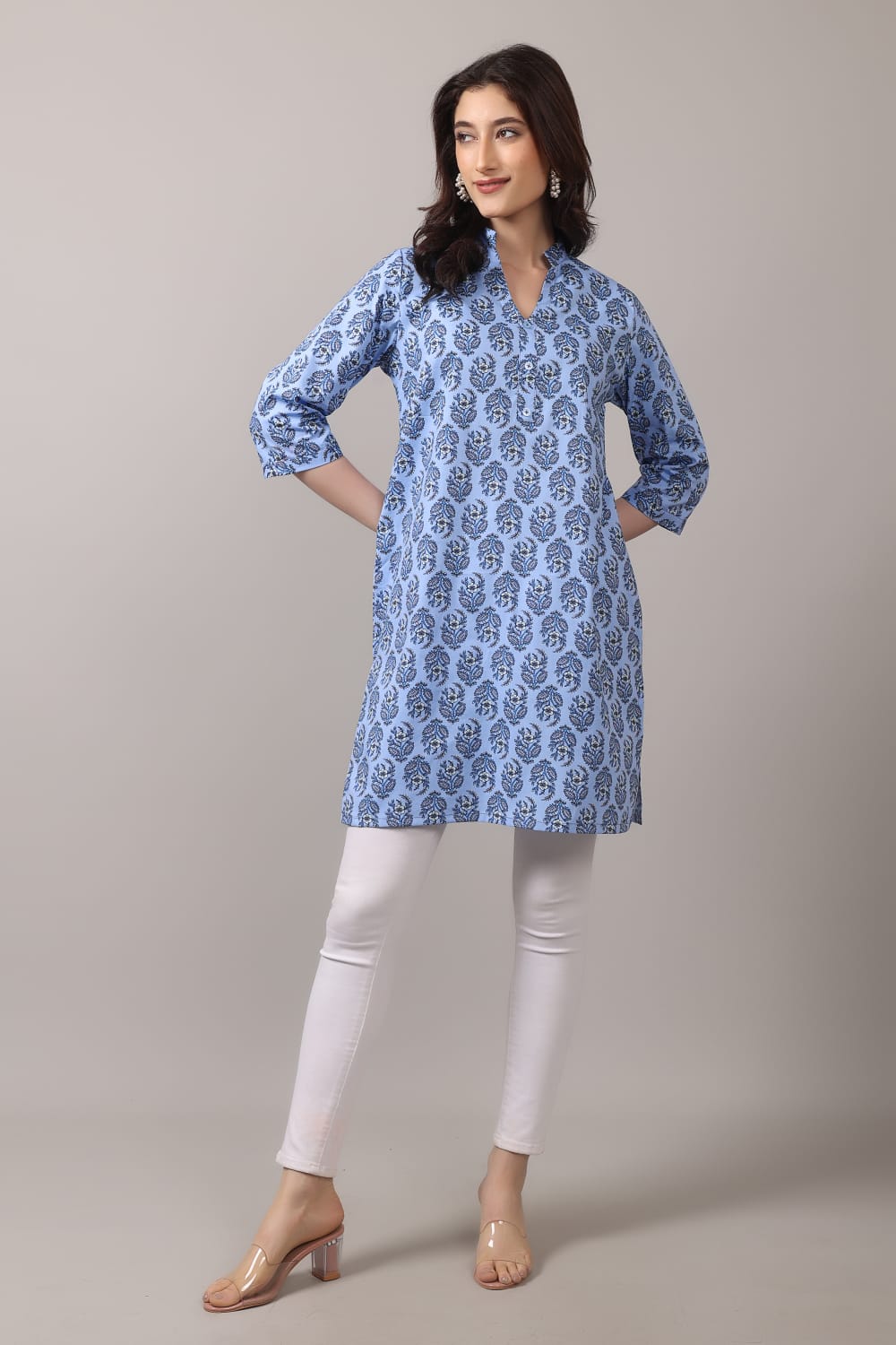 Jaitra Apparels Women Printed Pure Cotton Straight Kurta (Sky Blue) - Swadesiicart