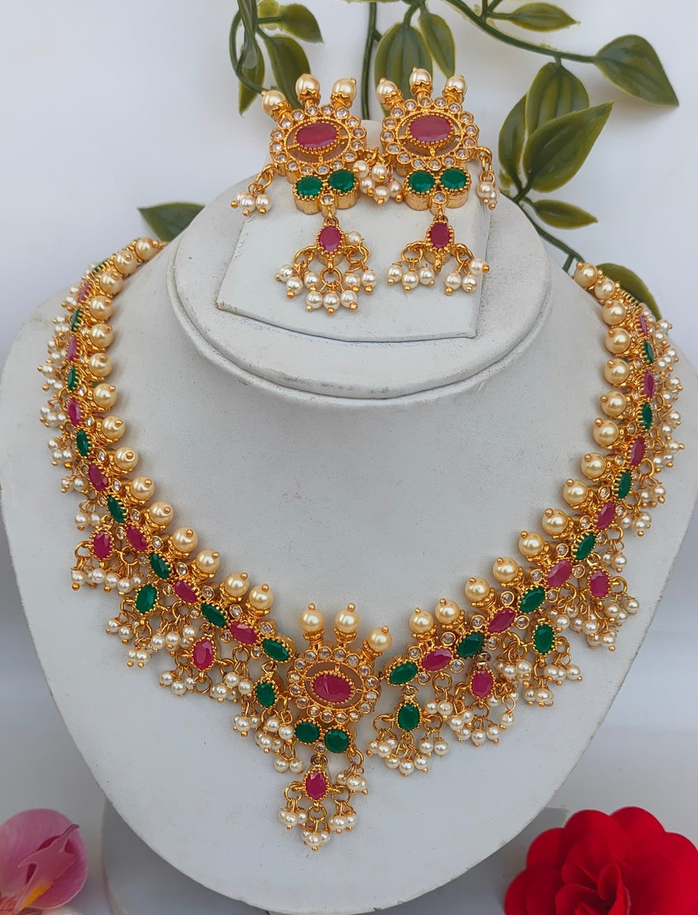 Ruby Emeralds Guttapoosalu Bridal Multicolor Jewelry Set - Mokshi Collections