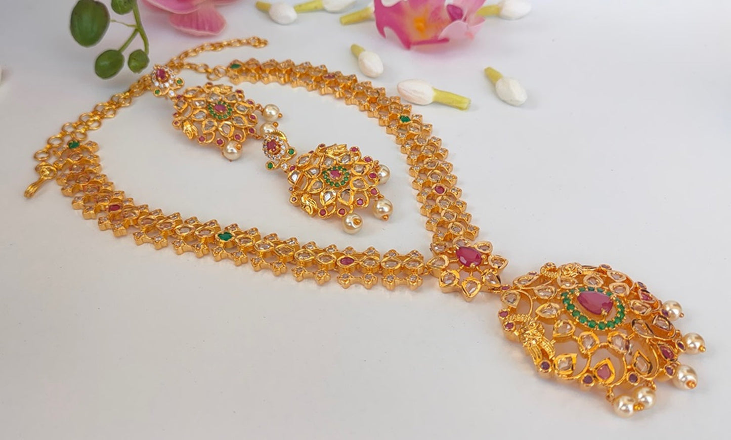 Pink & Green Bridal Necklace Set - Swadesiicart