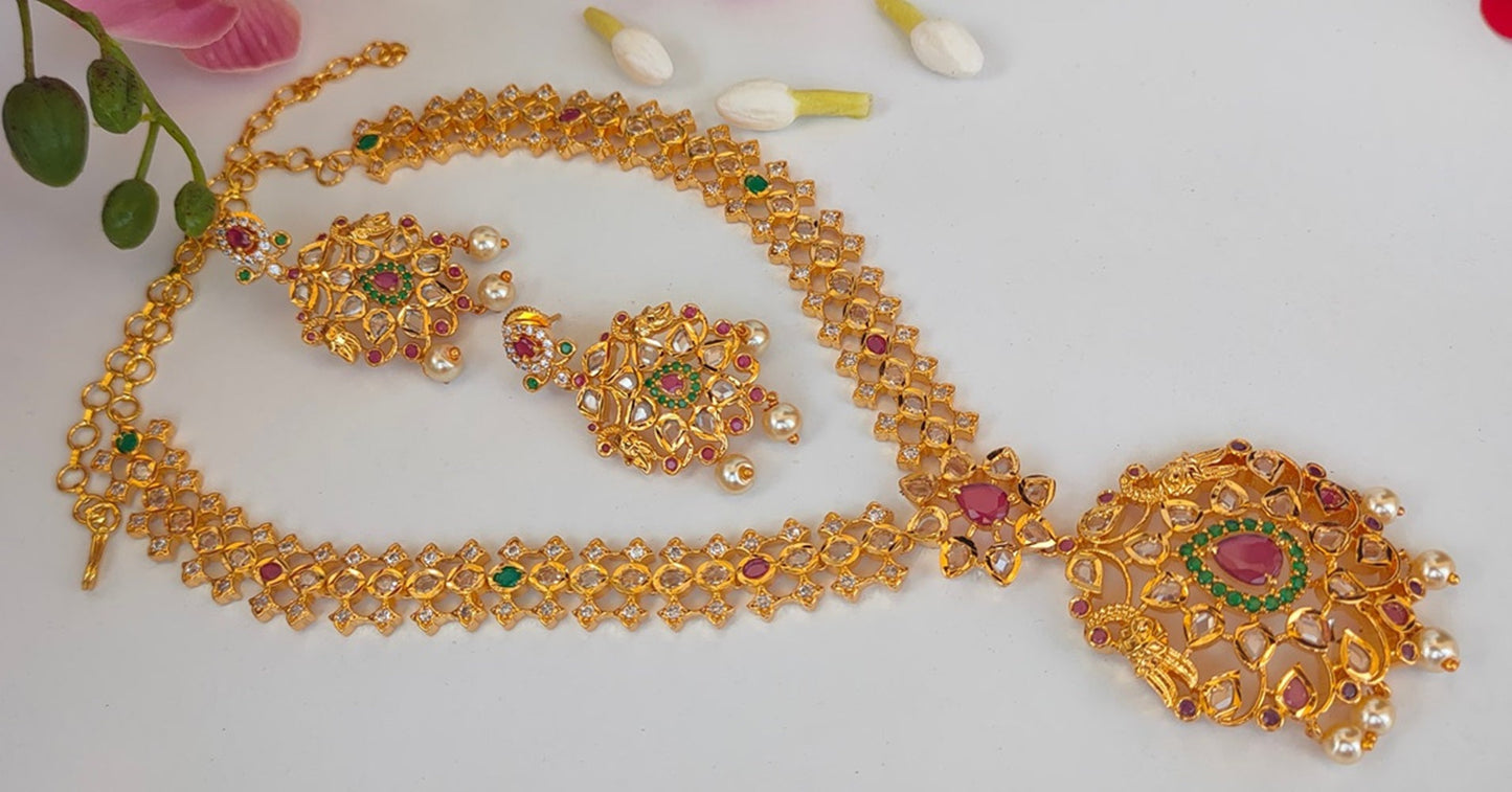 Pink & Green Bridal Necklace Set - Swadesiicart